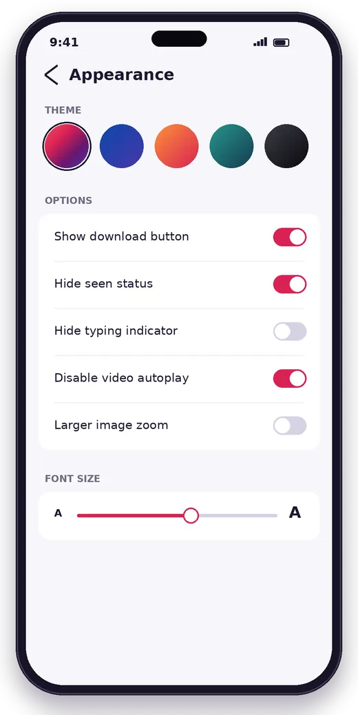 Concept mockup of an appearance settings screen with theme colours and toggles