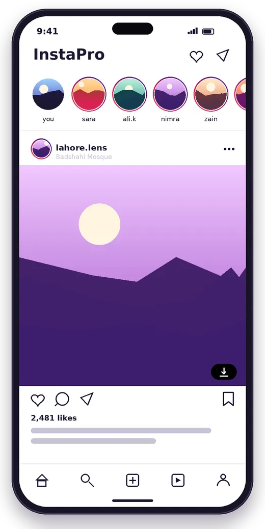 Concept mockup of a social feed screen with a download button on a post
