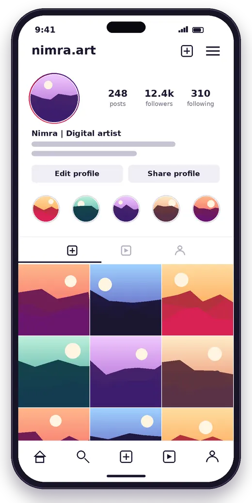 Concept mockup of a fictional profile screen with a photo grid